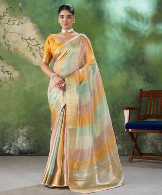 Soft linen cotton silk blend saree with gold zari weaving 1