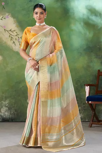 Soft linen cotton silk saree with gold zari weaving | elegant party & wedding wear saree