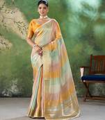 Soft linen cotton silk blend saree with gold zari weaving