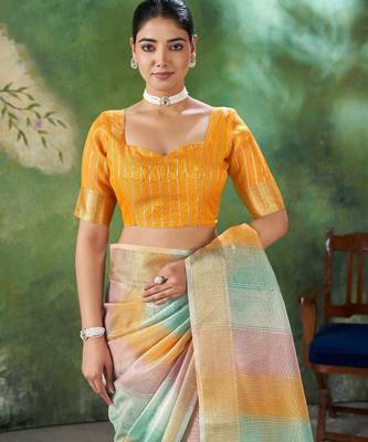 Soft linen cotton silk blend saree with gold zari weaving 2