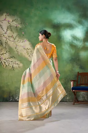 Soft linen cotton silk blend saree with gold zari weaving