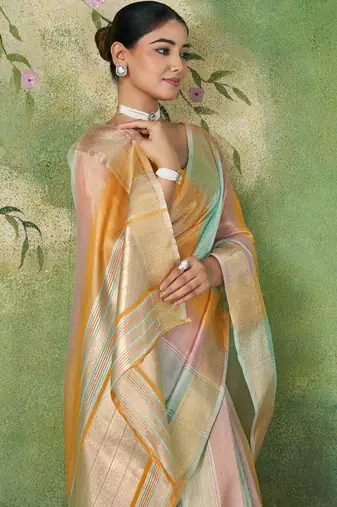 Soft linen cotton silk blend saree with gold zari weaving