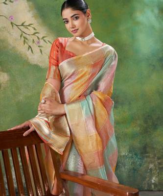 Soft linen cotton silk blend saree with gold zari weaving 1