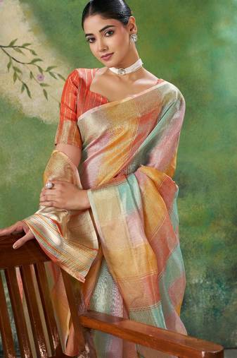 Soft linen cotton silk saree with gold zari weaving | elegant party & wedding wear saree