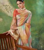 Soft linen cotton silk blend saree with gold zari weaving