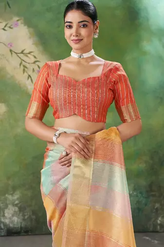 Soft linen cotton silk blend saree with gold zari weaving