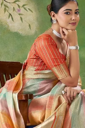 Soft linen cotton silk blend saree with gold zari weaving