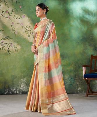 Soft linen cotton silk blend saree with gold zari weaving 4