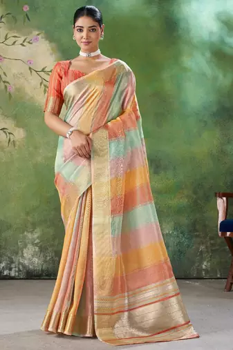 Soft linen cotton silk blend saree with gold zari weaving