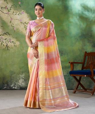 Soft linen cotton silk blend saree with gold zari weaving 1