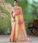 Soft linen cotton silk blend saree with gold zari weaving