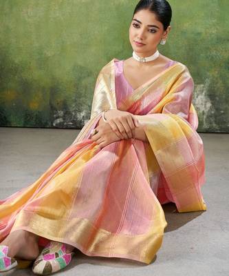 Soft linen cotton silk blend saree with gold zari weaving 2