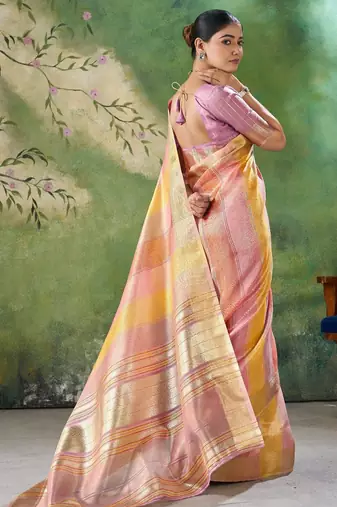 Soft linen cotton silk blend saree with gold zari weaving