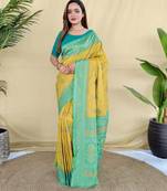 yellow silk saree with traditional motif and woven design