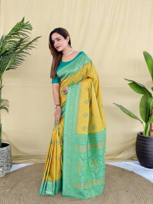 yellow silk saree with traditional motif and woven design 2