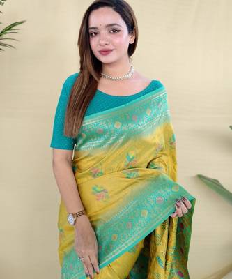 yellow silk saree with traditional motif and woven design 3