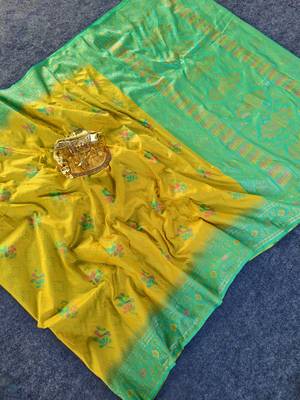 yellow silk saree with traditional motif and woven design 4
