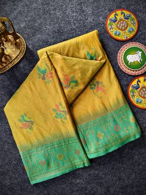 yellow silk saree with traditional motif and woven design 5