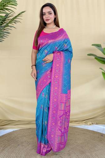 Sky silk saree featuring elegant traditional motifs all over the saree with contrast blouse