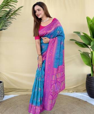 sky silk saree with motif weaving and contrast border 2