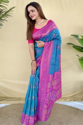 sky silk saree with motif weaving and contrast border