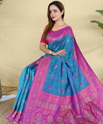 sky silk saree with motif weaving and contrast border 3