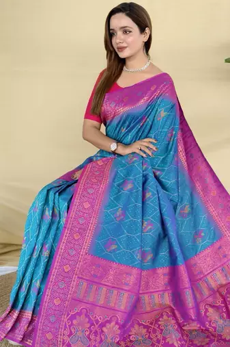 sky silk saree with motif weaving and contrast border