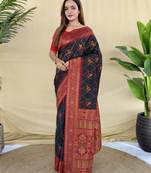 black silk saree with traditional motif weaving design