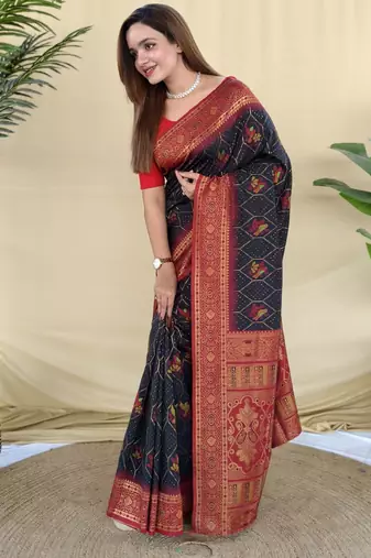 black silk saree with traditional motif weaving design