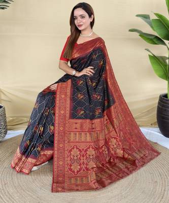 black silk saree with traditional motif weaving design 3