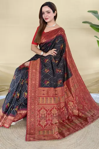 black silk saree with traditional motif weaving design