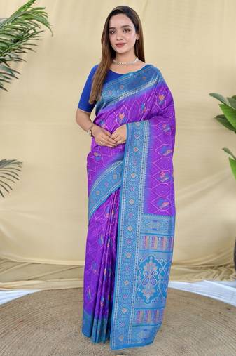 purple silk saree with traditional motif weaving design