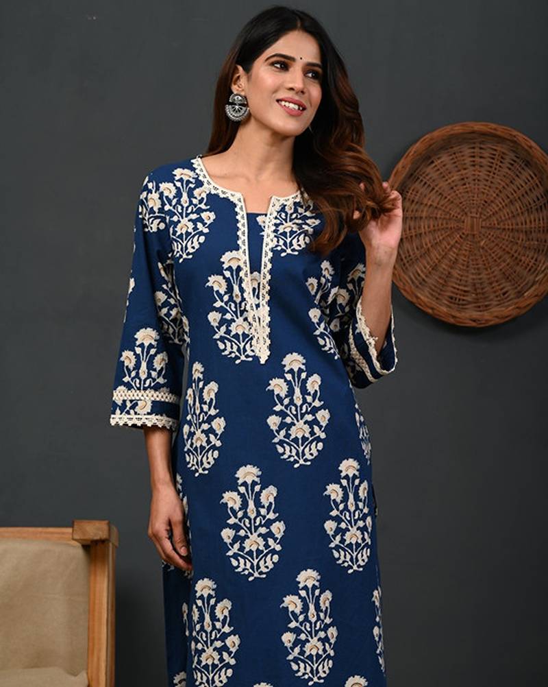 Floral printed notch-neck straight kurta
