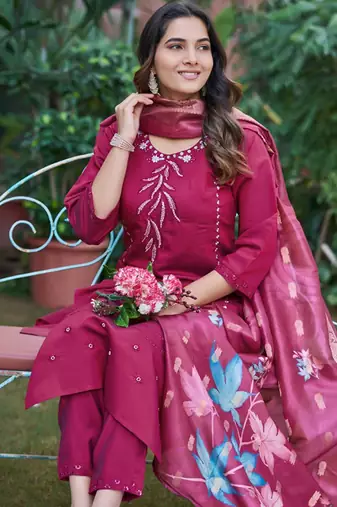 Embroidered regular beads and stones kurta with trousers & with dupatta