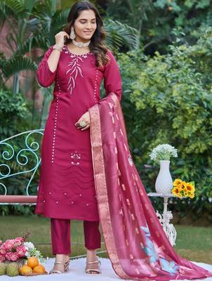 Embroidered regular beads and stones kurta with trousers & with dupatta 3
