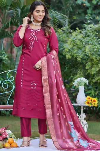 Embroidered regular beads and stones kurta with trousers & with dupatta