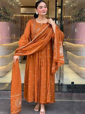 Woven design embroidered anarkali kurta with trousers & dupatta 1