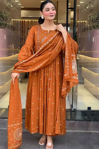 Woven design embroidered anarkali kurta with trousers & dupatta