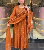 Woven design embroidered anarkali kurta with trousers & dupatta