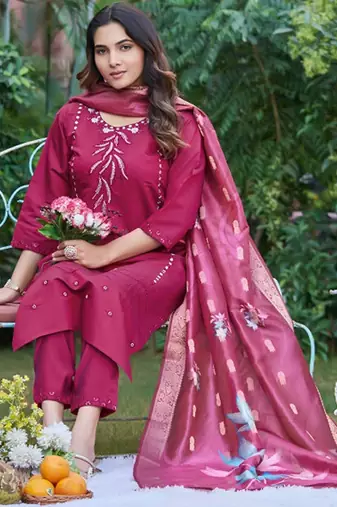 Embroidered regular beads and stones kurta with trousers & with dupatta
