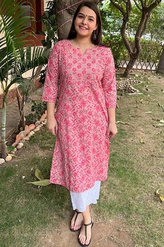 Floral printed notch neck straight cotton kurta
