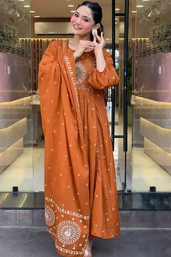 Woven design embroidered anarkali kurta with trousers & dupatta