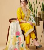 Floral embroidered regular pure silk kurta with trousers & with dupatta