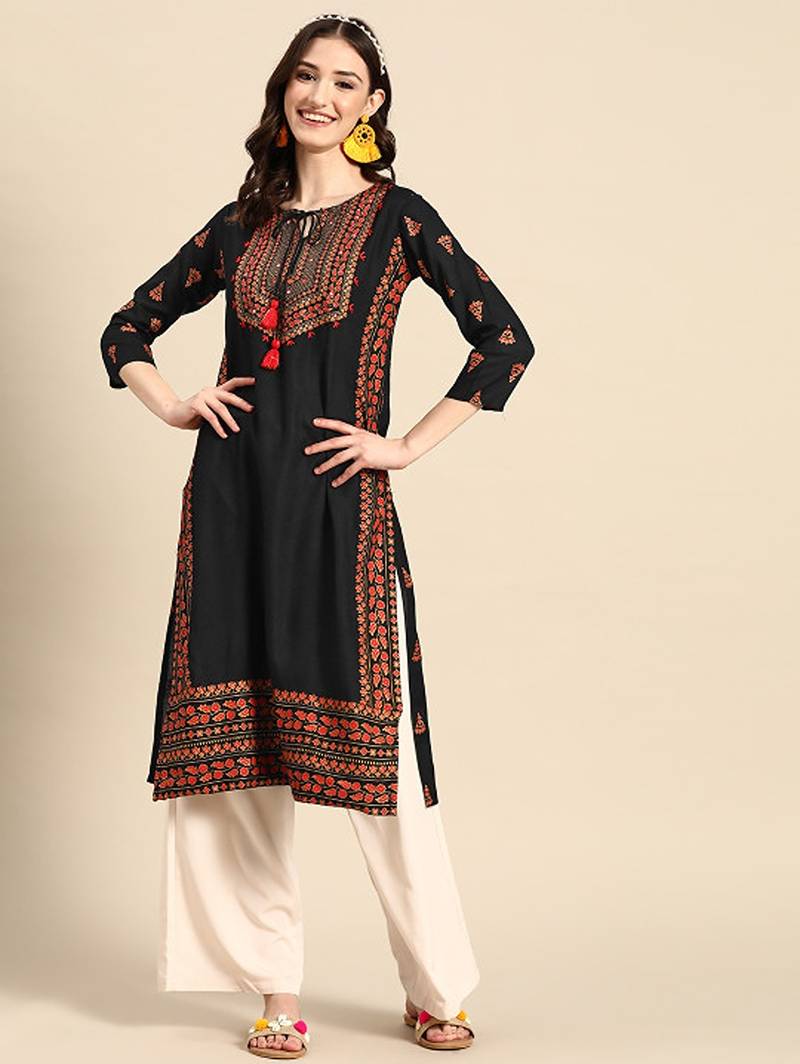 Floral yoke printed mirror work kurta