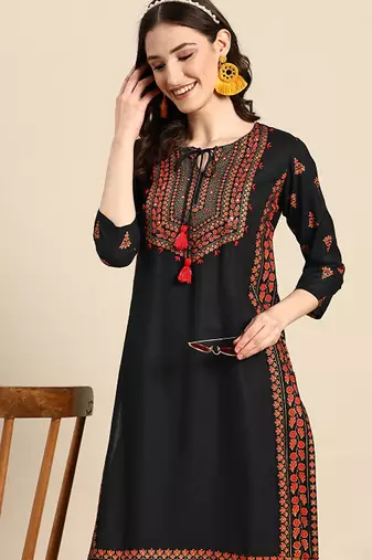 Floral yoke printed mirror work kurta