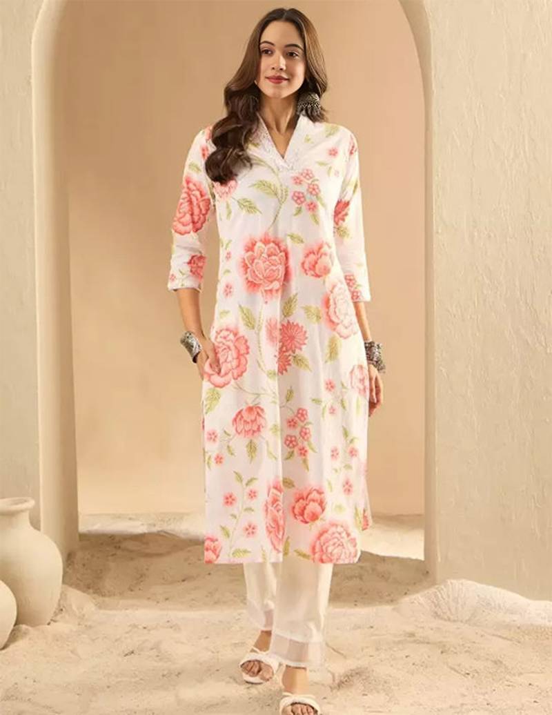 Floral printed cotton v-neck straight kurta