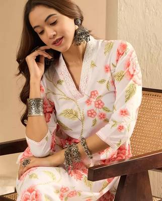 Floral printed cotton v-neck straight kurta 2