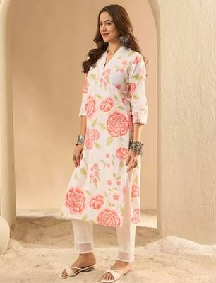 Floral printed cotton v-neck straight kurta 3