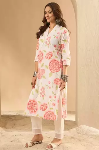 Floral printed cotton v-neck straight kurta
