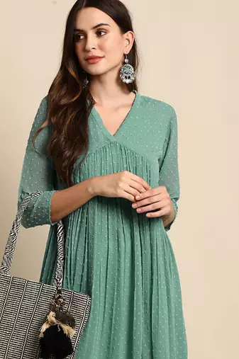 Green chiffon self design flared kurta